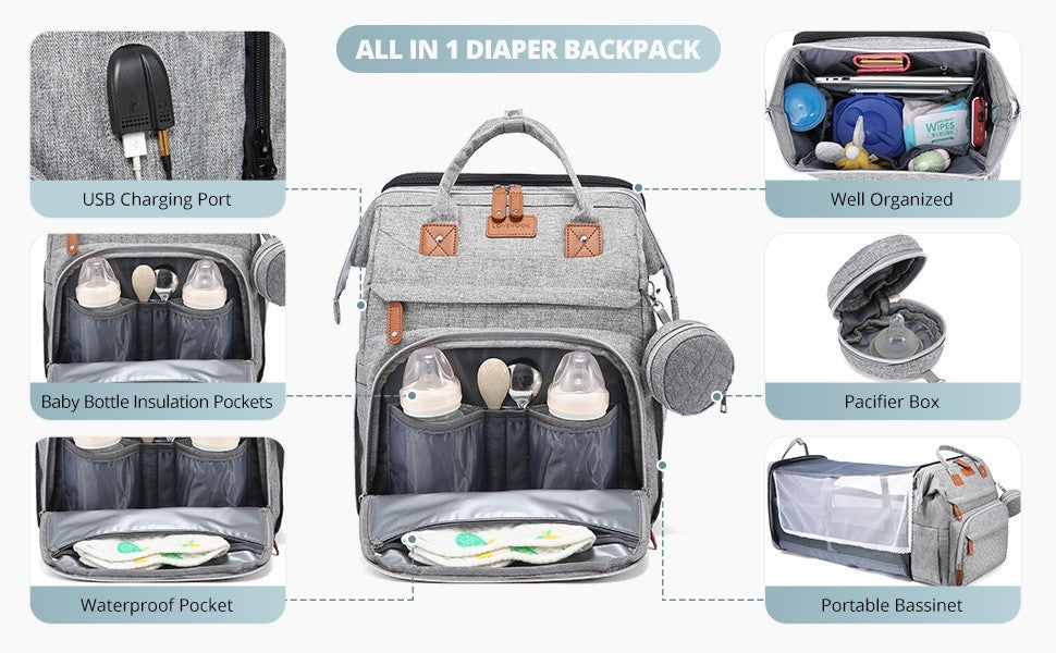 Mochila multifuncional para fraldas de cama, bolsa para troca de fraldas de bebê